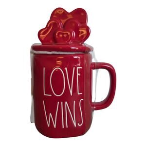 Rae Dunn Love Wins Coffee Mug with Topper Lid, New, red, 16 Oz Ceramic